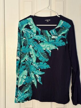 🏄🏼‍♀️ Lands' End Navy Long-Sleeve Rash Guard with Teal Tropical Leaf Print